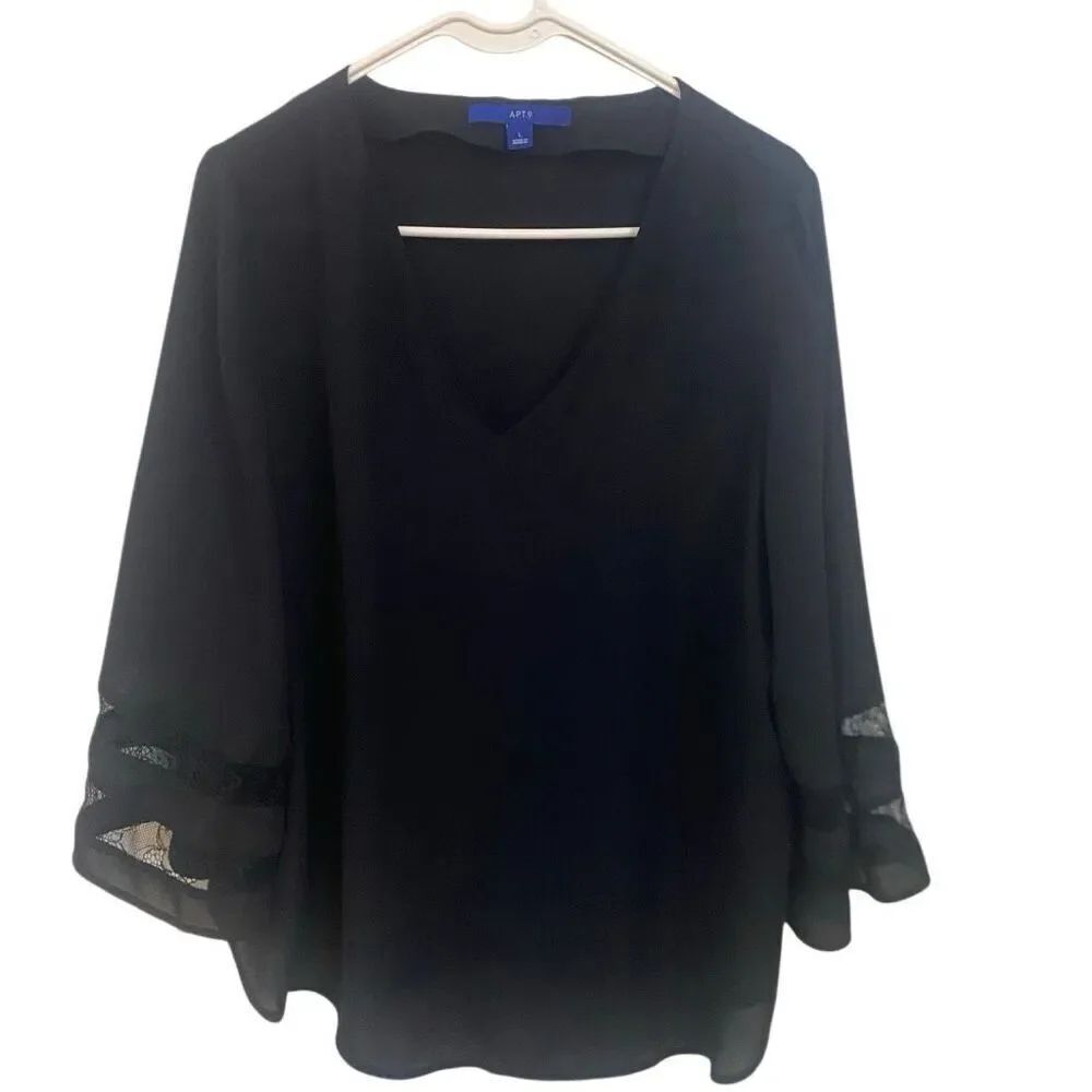 Apt. 9 black crewneck, long flow sleeve lace lined blouse large